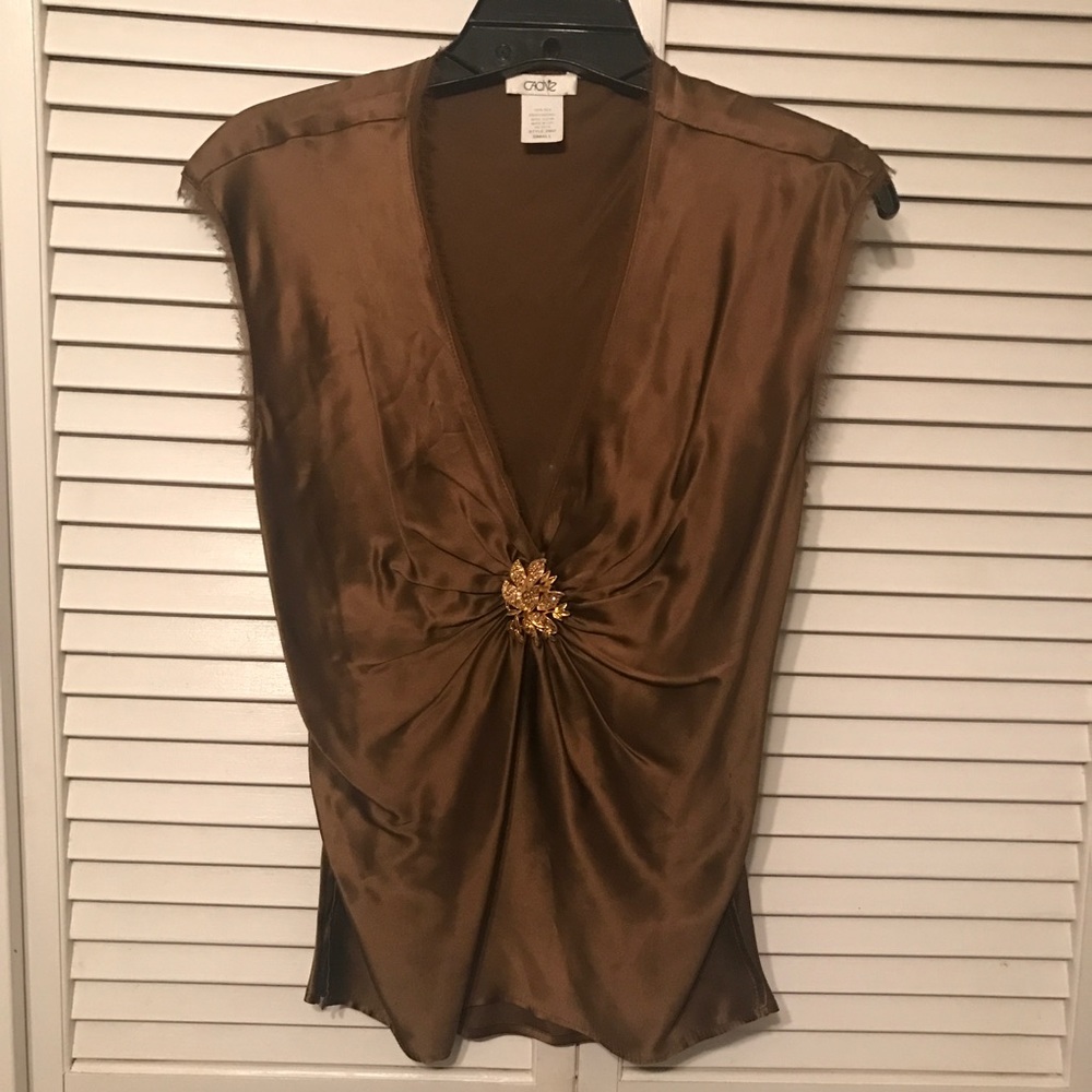 GORGEOUS Brown Satin Dress Top with Gold Broach